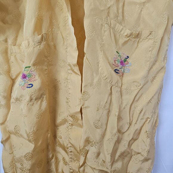 Vintage Golden Bee Chinese Yellow Embroidered Floral Satin Rayon Robe Kimono - Picture 3 of 11